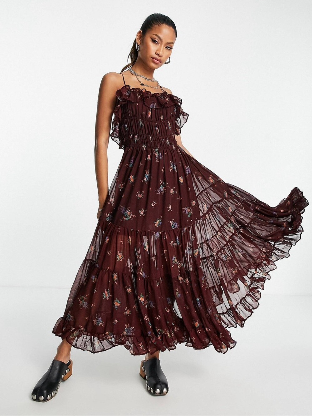 Free People Cloud Nine Floral Chiffon Maxi Dress in Vintage Berry Combo Small